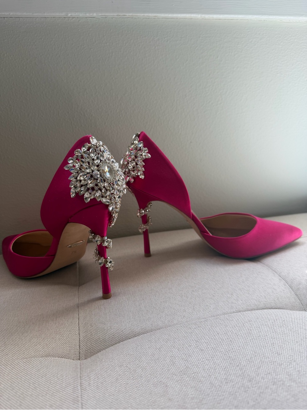 Badgley Mischka Hot Pink Satin Crystal-Embellished Pointed D'Orsay Pumps - Picture 5 of 5